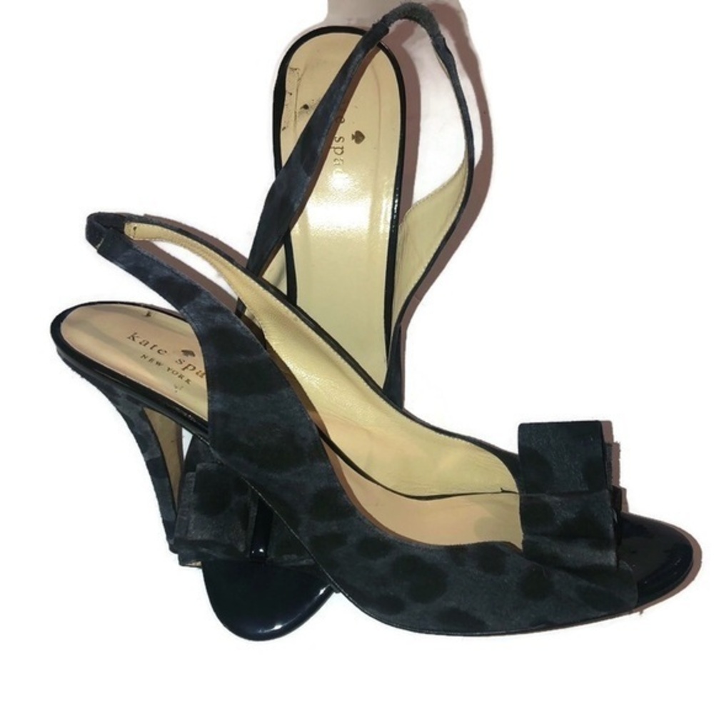 Kate Spade Leopard Pattern Pump Heels Ribbon  Suede Black Gray Made In Italy 10B